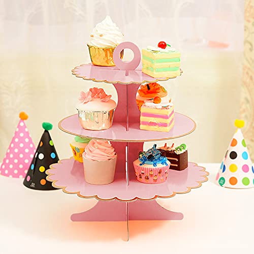 Cupcake Stand,3 Set of 3-Tier Dessert Plates Mini Cakes Fruit Candy Display Tower Cookie Tray Rack Candy Buffet Holder Cake Stand Cardboard Cupcake Stand Tiered Serving Stand (Pink)