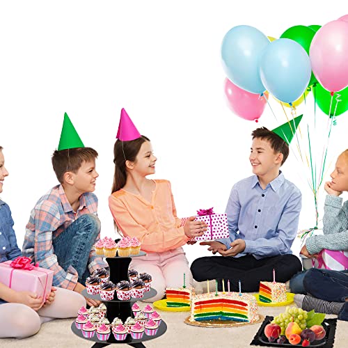 3-Tier Cardboard Black Cupcake Stand Disposable Dessert Display Tower Cupcake Holders Rectangle Serving Tray 1-Tier Round Cake Stand Platters for Birthday Graduation Party Supplies (7-Set)