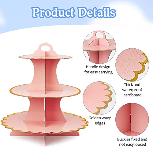 3 PCS Cardboard Cupcake Stand 2 Set of 3 Tier Cupcake Stand for 24 Cupcakes and 1 Large Cake Display Serving Tray Cupcake Tower Set for Wedding Baby Shower Birthday Party Decor, Pink