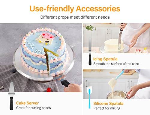 Kootek 12 Inch Cake Turntable Cake Decorating Kit Supplies, 7 Pcs Baking Supplies Aluminium Alloy Revolving Cake Decorating Stand, with 3 Icing Smoother, Icing Spatula, Silicone Spatula, Cake Cutter