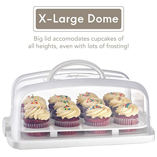 MosJos 2in1 Cupcake Carrier and Cake Keeper with Lid, Cupcake Box to Fit 12, Sturdy, BPA-Free Cupcake Holder with Two Secure Side Closures, Dishwasher Safe (White)