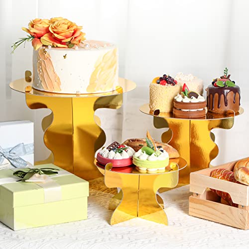 3 Pcs Gold Cake Stand, Cardboard Cake Pop Stand Set 1 Tier Round Cake Display Stand for Dessert Table Wedding Birthday Wedding Baby Shower Decoration, 3 Sizes
