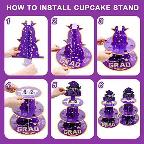 2 Set Graduation Cupcake Stand, 3 Tier Round Cardboard Cupcake Stand Perfect for Grad Themed Party Décor, Graduation Party Supplies, Graduation Dessert Favors Supplies (Purple)