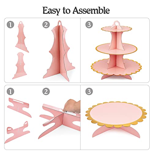 3 PCS Cardboard Cupcake Stand 2 Set of 3 Tier Cupcake Stand for 24 Cupcakes and 1 Large Cake Display Serving Tray Cupcake Tower Set for Wedding Baby Shower Birthday Party Decor, Pink
