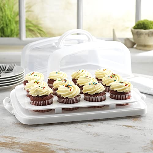 MosJos 2in1 Cupcake Carrier and Cake Keeper with Lid, Cupcake Box to Fit 12, Sturdy, BPA-Free Cupcake Holder with Two Secure Side Closures, Dishwasher Safe (White)