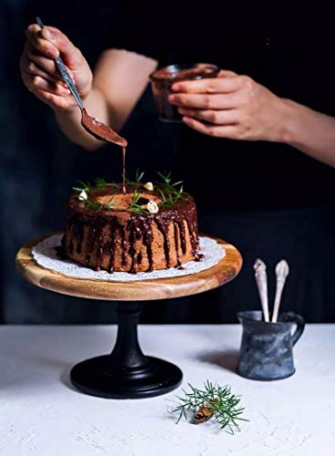 NUPTIO Wood Cake Dessert Stand with Metal Black Matt Base, 8 inches Round Cupcake Holder, Wedding Birthday Party Pedestal Display Plate (Wood, M)
