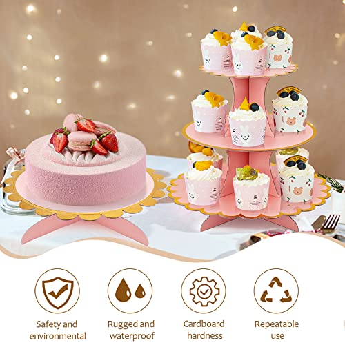 3 PCS Cardboard Cupcake Stand 2 Set of 3 Tier Cupcake Stand for 24 Cupcakes and 1 Large Cake Display Serving Tray Cupcake Tower Set for Wedding Baby Shower Birthday Party Decor, Pink