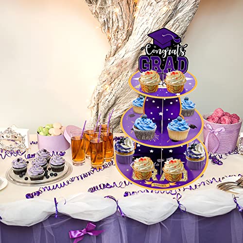 2 Set Graduation Cupcake Stand, 3 Tier Round Cardboard Cupcake Stand Perfect for Grad Themed Party Décor, Graduation Party Supplies, Graduation Dessert Favors Supplies (Purple)