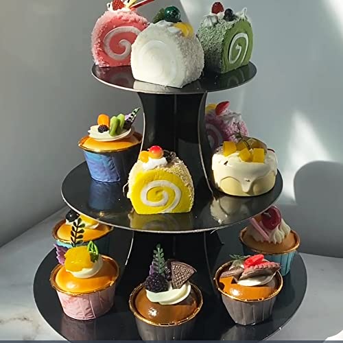 3-Tier Cardboard Black Cupcake Stand Disposable Dessert Display Tower Cupcake Holders Rectangle Serving Tray 1-Tier Round Cake Stand Platters for Birthday Graduation Party Supplies (7-Set)