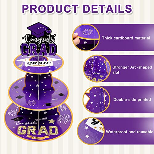 2 Set Graduation Cupcake Stand, 3 Tier Round Cardboard Cupcake Stand Perfect for Grad Themed Party Décor, Graduation Party Supplies, Graduation Dessert Favors Supplies (Purple)