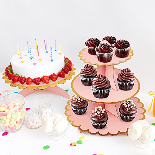 3 PCS Cardboard Cupcake Stand 2 Set of 3 Tier Cupcake Stand for 24 Cupcakes and 1 Large Cake Display Serving Tray Cupcake Tower Set for Wedding Baby Shower Birthday Party Decor, Pink