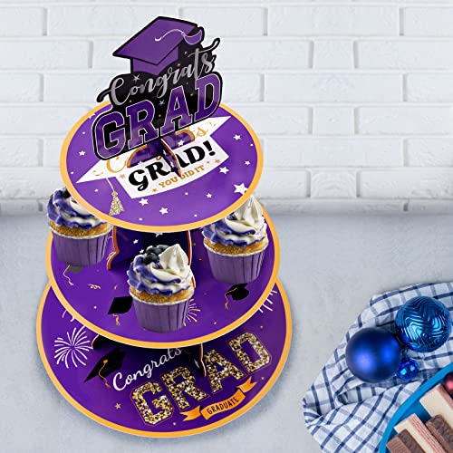 2 Set Graduation Cupcake Stand, 3 Tier Round Cardboard Cupcake Stand Perfect for Grad Themed Party Décor, Graduation Party Supplies, Graduation Dessert Favors Supplies (Purple)