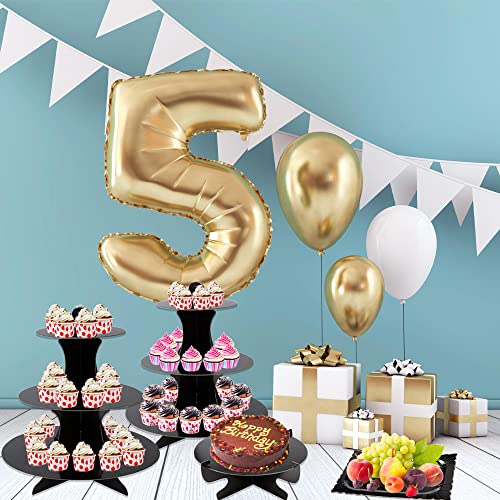 3-Tier Cardboard Black Cupcake Stand Disposable Dessert Display Tower Cupcake Holders Rectangle Serving Tray 1-Tier Round Cake Stand Platters for Birthday Graduation Party Supplies (7-Set)