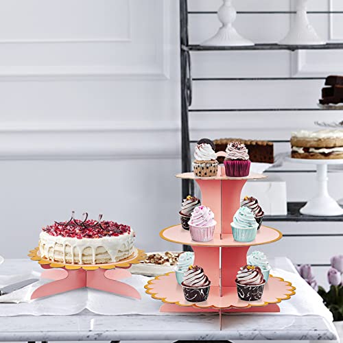 3 PCS Cardboard Cupcake Stand 2 Set of 3 Tier Cupcake Stand for 24 Cupcakes and 1 Large Cake Display Serving Tray Cupcake Tower Set for Wedding Baby Shower Birthday Party Decor, Pink