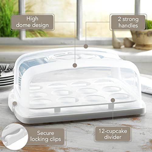 MosJos 2in1 Cupcake Carrier and Cake Keeper with Lid, Cupcake Box to Fit 12, Sturdy, BPA-Free Cupcake Holder with Two Secure Side Closures, Dishwasher Safe (White)