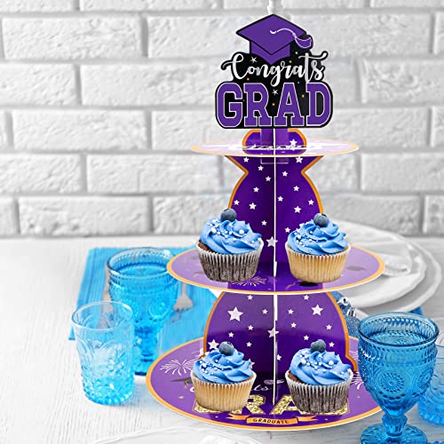 2 Set Graduation Cupcake Stand, 3 Tier Round Cardboard Cupcake Stand Perfect for Grad Themed Party Décor, Graduation Party Supplies, Graduation Dessert Favors Supplies (Purple)