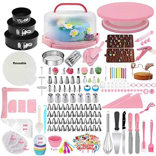 Gawren-H&E Cake Decorating Kit-599 PCS Pink Cake Decorating Supplies with Cake Carrier,Piping Bags and Tips Set,3 Springform Pans,Turntable,Cake Baking Supplies Tools Kit