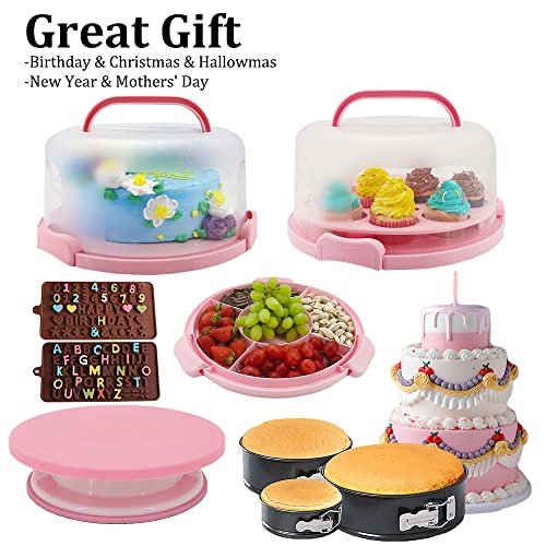 Gawren-H&E Cake Decorating Kit-599 PCS Pink Cake Decorating Supplies with Cake Carrier,Piping Bags and Tips Set,3 Springform Pans,Turntable,Cake Baking Supplies Tools Kit