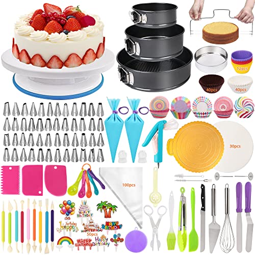 LotFancy Cake Decorating Kit, 469Pcs, Baking Supplies with Rotating Turntable, Springform Pans, Piping Bags and Tips Set, Icing Spatula, Smoother, Leveler and More Accessories