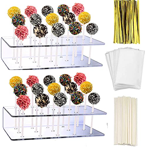 KKOBHO 2 Pack Acrylic Lollipop Holder Acrylic Cake Pop Stand 100PCS Clear Treats Bags 100PCS Lollipop Sticks and 100PCS Gold Metallic Twist Ties for Candy Cake Pop Sticks Making Tools (2)