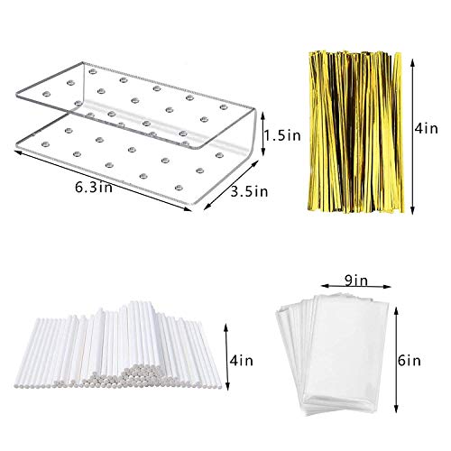 KKOBHO 2 Pack Acrylic Lollipop Holder Acrylic Cake Pop Stand 100PCS Clear Treats Bags 100PCS Lollipop Sticks and 100PCS Gold Metallic Twist Ties for Candy Cake Pop Sticks Making Tools (2)