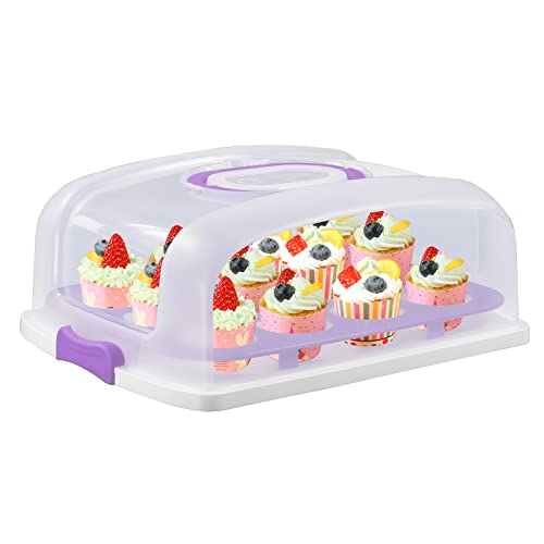 DIIRPPR 2in1 Cupcake Carrier and Cake Keeper with Lid, Rectangle Pie Carrier,Large Portable Storage Container for Storing 12 Cupcakes or 1 Large Cake (Purple)