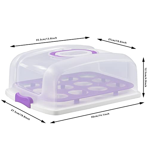 DIIRPPR 2in1 Cupcake Carrier and Cake Keeper with Lid, Rectangle Pie Carrier,Large Portable Storage Container for Storing 12 Cupcakes or 1 Large Cake (Purple)