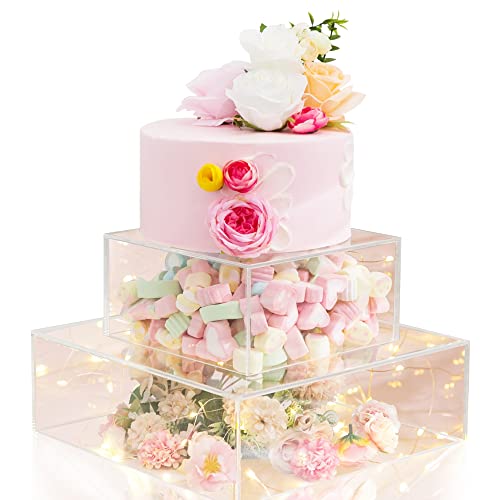 HeiMma 2 Set Clear Acrylic Cake Stands for Dessert Table 12” and 8” Fillable Cake Box Risers Food Display Riser for Buffet Table, Square Cake Stand for Wedding Birthday Party, Hollow Bottoms