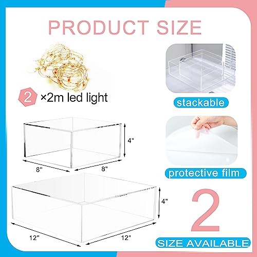 HeiMma 2 Set Clear Acrylic Cake Stands for Dessert Table 12” and 8” Fillable Cake Box Risers Food Display Riser for Buffet Table, Square Cake Stand for Wedding Birthday Party, Hollow Bottoms