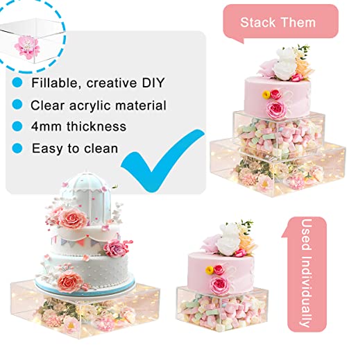 HeiMma 2 Set Clear Acrylic Cake Stands for Dessert Table 12” and 8” Fillable Cake Box Risers Food Display Riser for Buffet Table, Square Cake Stand for Wedding Birthday Party, Hollow Bottoms