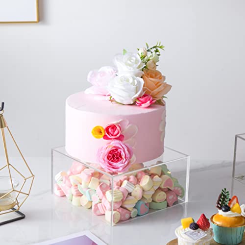 HeiMma 2 Set Clear Acrylic Cake Stands for Dessert Table 12” and 8” Fillable Cake Box Risers Food Display Riser for Buffet Table, Square Cake Stand for Wedding Birthday Party, Hollow Bottoms