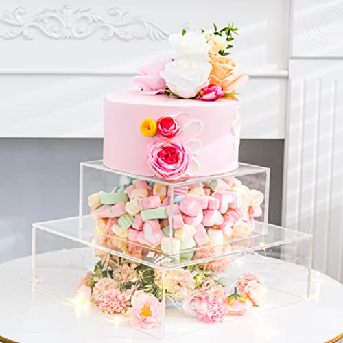 HeiMma 2 Set Clear Acrylic Cake Stands for Dessert Table 12” and 8” Fillable Cake Box Risers Food Display Riser for Buffet Table, Square Cake Stand for Wedding Birthday Party, Hollow Bottoms