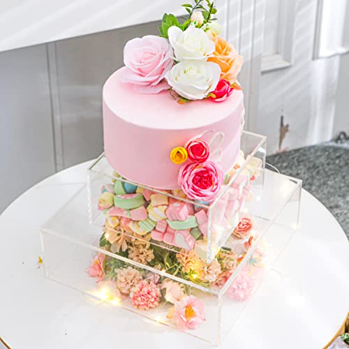 HeiMma 2 Set Clear Acrylic Cake Stands for Dessert Table 12” and 8” Fillable Cake Box Risers Food Display Riser for Buffet Table, Square Cake Stand for Wedding Birthday Party, Hollow Bottoms