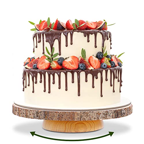 Wood Cake Stand Rustic Rotating Cake Stand 12 Inch Cake Turntable/ Dessert Display Stand Wooden Cake Stands for Wedding/ Party/Baby Showers/ Reception/Decor