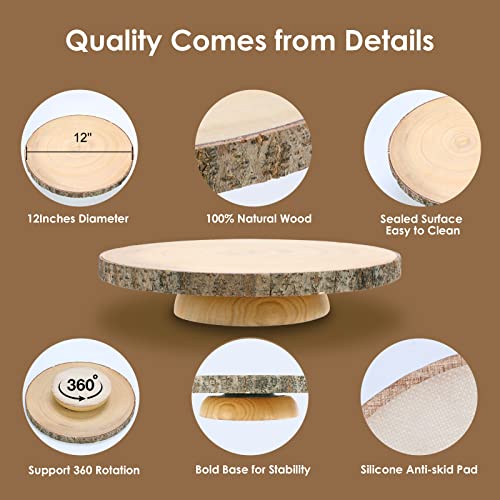 Wood Cake Stand Rustic Rotating Cake Stand 12 Inch Cake Turntable/ Dessert Display Stand Wooden Cake Stands for Wedding/ Party/Baby Showers/ Reception/Decor
