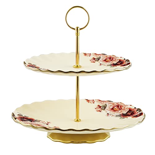 fanquare 2 Tier Vintage Porcelain Cupcake Stand, White High Tea Stand with Gold Trim, Floral Dessert Stand for Birthday Party, Wedding