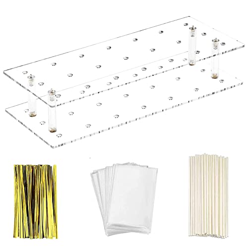 Cake Pop Display Stand with 300 PCS Cake Pop Sticks and Wrappers Kit, 21 Holders Clear Acrylic Cakepop Making Accessories for Weddings Baby Showers Halloween