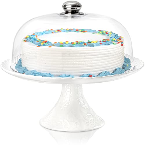 ZENFUN 12'' Porcelain Cake Stand with Plastic Dome Cover, Decorative Cupcake Stand Dessert Display Plates Serving Tray for Snacks Cookies, Birthday Party Wedding Event