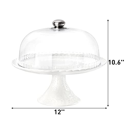 ZENFUN 12'' Porcelain Cake Stand with Plastic Dome Cover, Decorative Cupcake Stand Dessert Display Plates Serving Tray for Snacks Cookies, Birthday Party Wedding Event