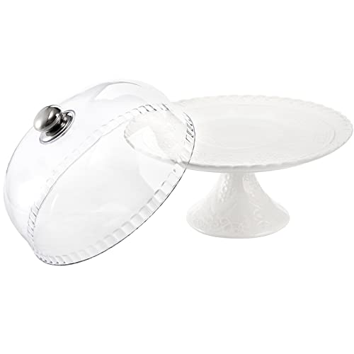 ZENFUN 12'' Porcelain Cake Stand with Plastic Dome Cover, Decorative Cupcake Stand Dessert Display Plates Serving Tray for Snacks Cookies, Birthday Party Wedding Event