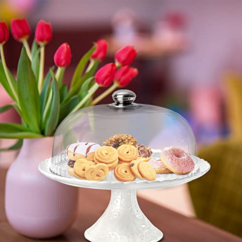 ZENFUN 12'' Porcelain Cake Stand with Plastic Dome Cover, Decorative Cupcake Stand Dessert Display Plates Serving Tray for Snacks Cookies, Birthday Party Wedding Event