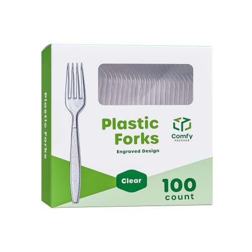 [100 Pack] Heavyweight Disposable Clear Plastic Forks - Engraved Design