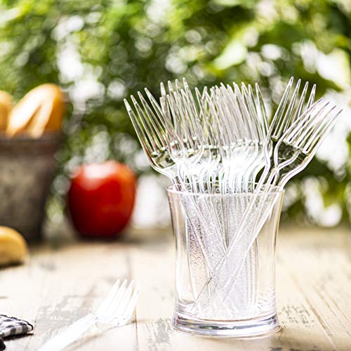 [100 Pack] Heavyweight Disposable Clear Plastic Forks - Engraved Design