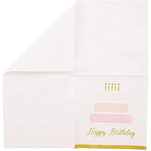 50 Pack Cake Theme Happy Birthday Napkins with Gold Foil Edges (Pink 5 x 5 In)