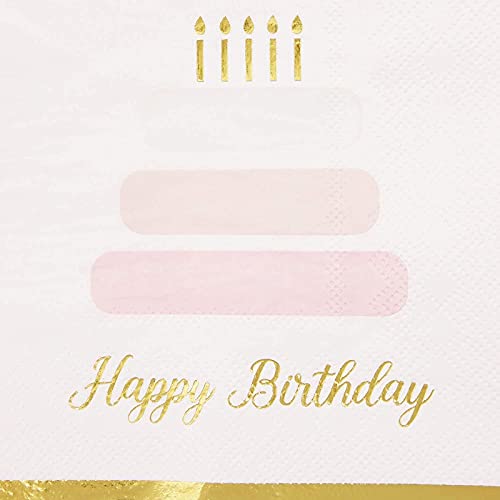 50 Pack Cake Theme Happy Birthday Napkins with Gold Foil Edges (Pink 5 x 5 In)