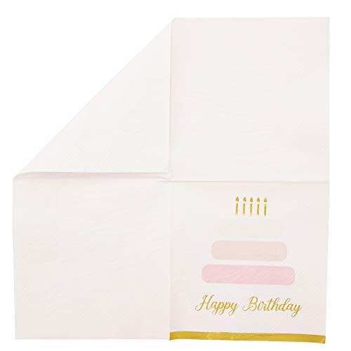 50 Pack Cake Theme Happy Birthday Napkins with Gold Foil Edges (Pink 5 x 5 In)