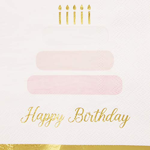 50 Pack Cake Theme Happy Birthday Napkins with Gold Foil Edges (Pink 5 x 5 In)