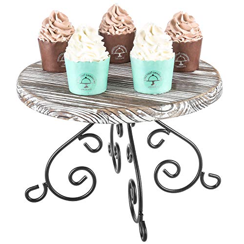 MyGift Torched Wood Cake Stand with Black Metal Scrollwork Pedestal, 12-Inch Round Dessert Cupcake Stand