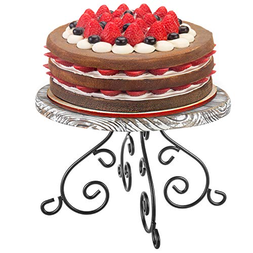 MyGift Torched Wood Cake Stand with Black Metal Scrollwork Pedestal, 12-Inch Round Dessert Cupcake Stand