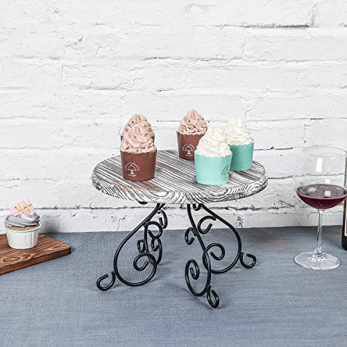 MyGift Torched Wood Cake Stand with Black Metal Scrollwork Pedestal, 12-Inch Round Dessert Cupcake Stand